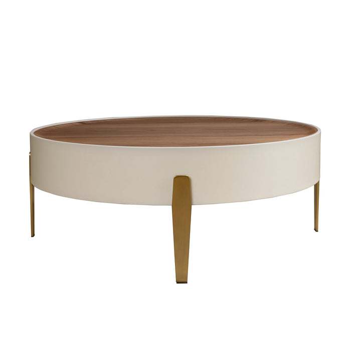 Tavolino rotondo in noce, legno beige e acciaio dorato lucido