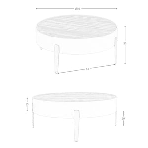 Tavolino rotondo in noce, legno beige e acciaio dorato lucido