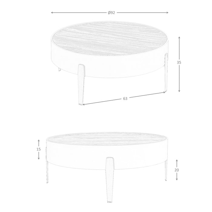 Tavolino rotondo in noce, legno beige e acciaio dorato lucido