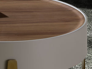 Tavolino rotondo in noce, legno beige e acciaio dorato lucido