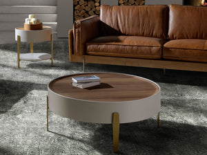 Tavolino rotondo in noce, legno beige e acciaio dorato lucido