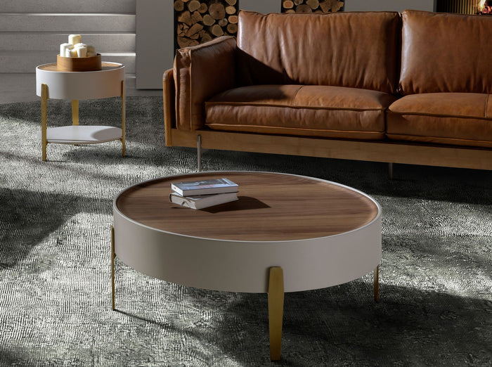 Tavolino rotondo in noce, legno beige e acciaio dorato lucido