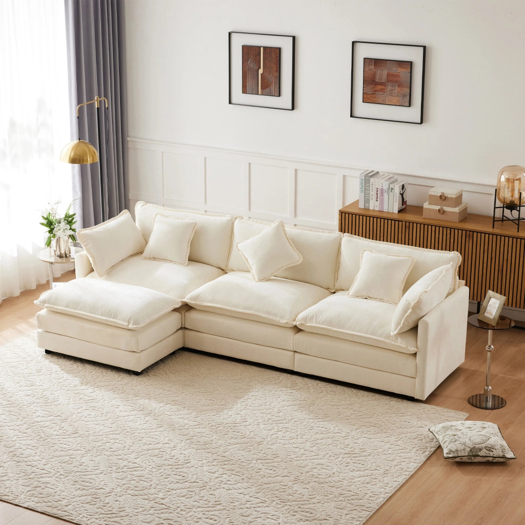 SOFA Angolare L 283x147x84 cm in ciniglia beige con pouf mobile