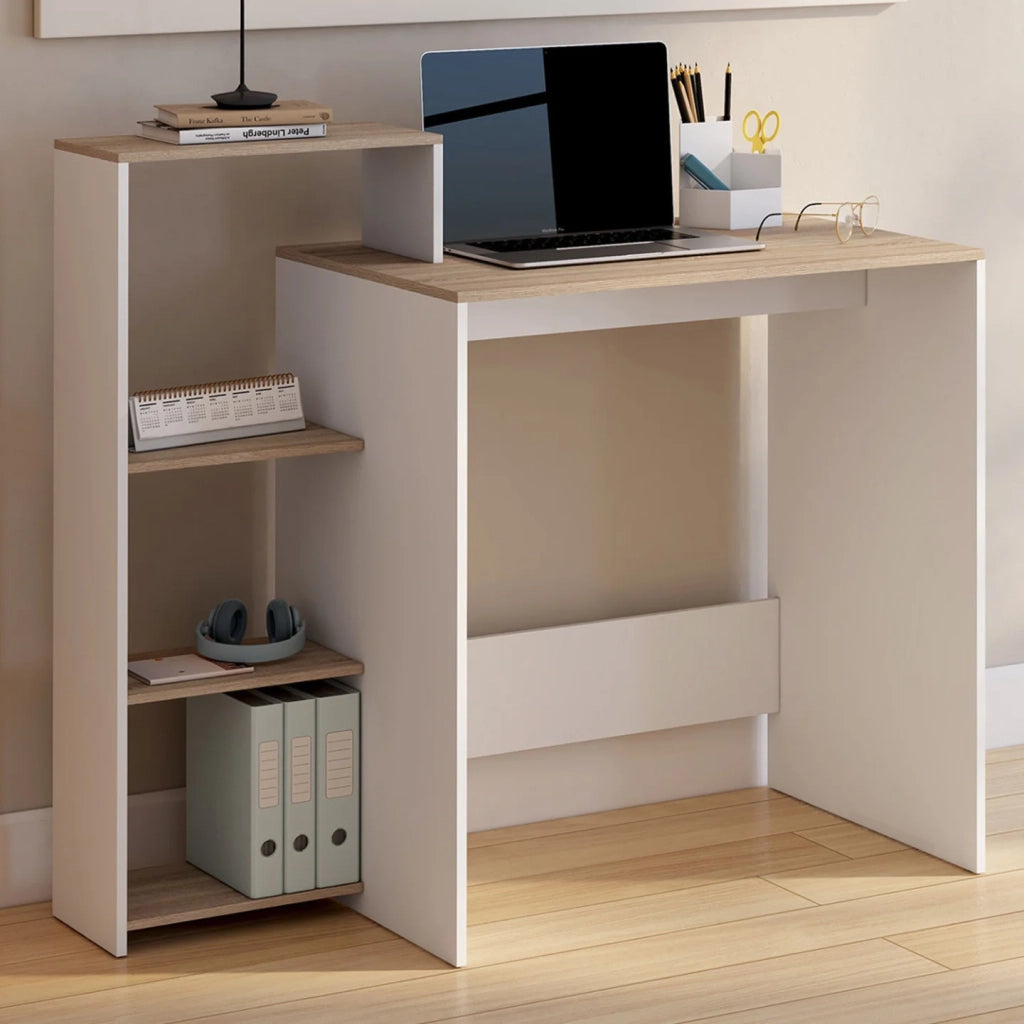 IDMarket - Scrivania LILIAN con ripiani modulari laterali in legno effetto faggio e bianco