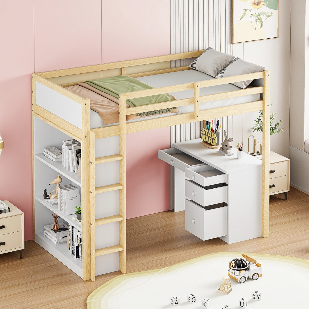Letto a Soppalco con Contenitore e Scrivania ¨C MINIMAL ¨C Legno, 90x200