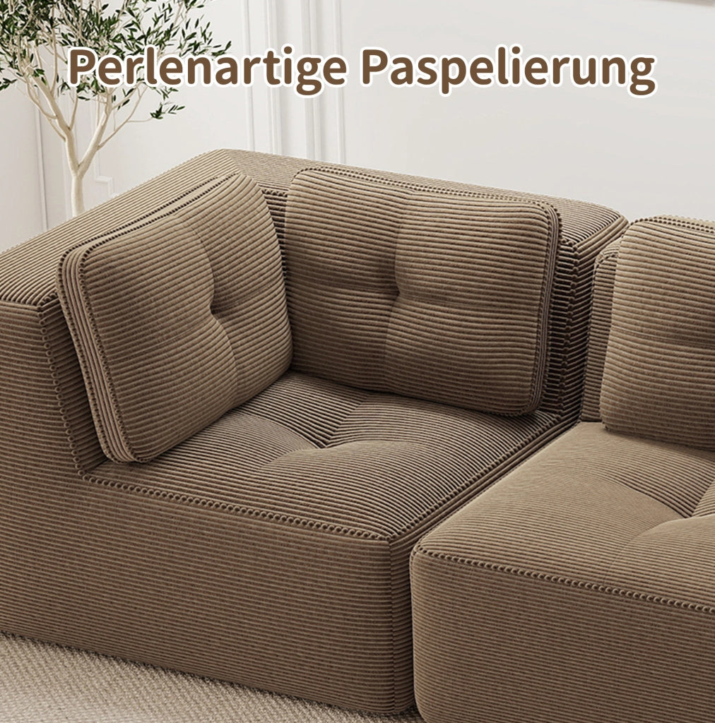 Divano angolare modulare 206x206x69 cm in velluto a coste marrone con seduta profonda