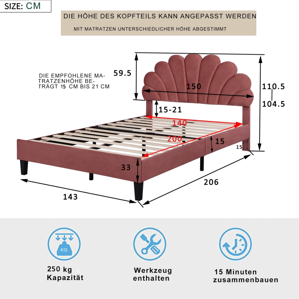 Letto matrimoniale 140x200 cm; testiera imbottita in velluto rosso fagiolo (Senza materasso)