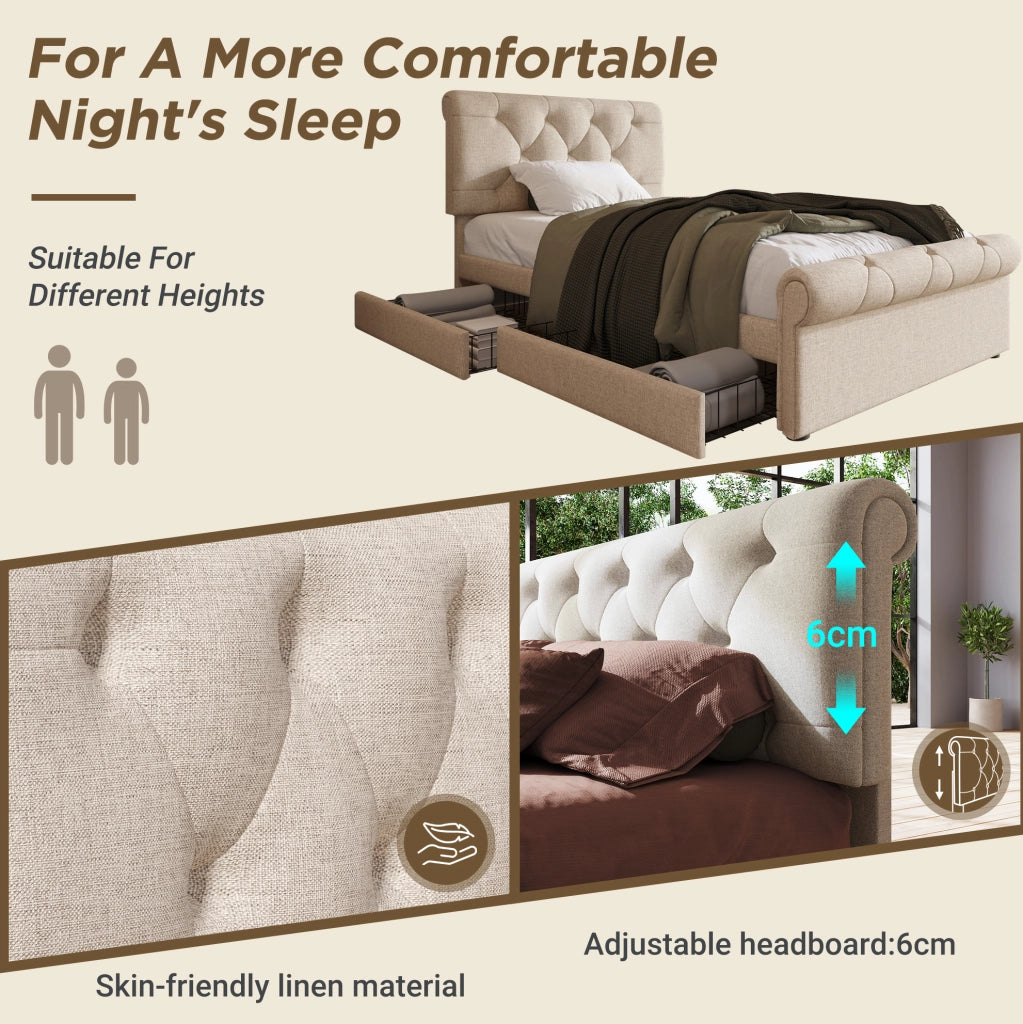 Letto singolo imbottito 90x200 cm con 2 cassetti; testiera regolabile e materasso; naturale