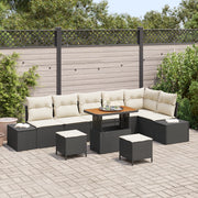 Set divano giardino da 9 pezzi con cuscini, nero, polyrattan, acacia