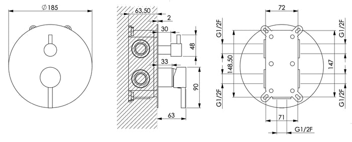 Miscelatore incasso per doccia a 3 vie con deviatore