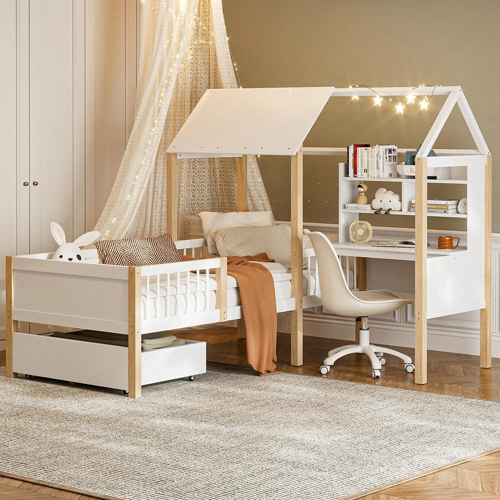 Letto bambino 90x200cm - Xylo - bianco, scrivania L, cassetti, sicuro