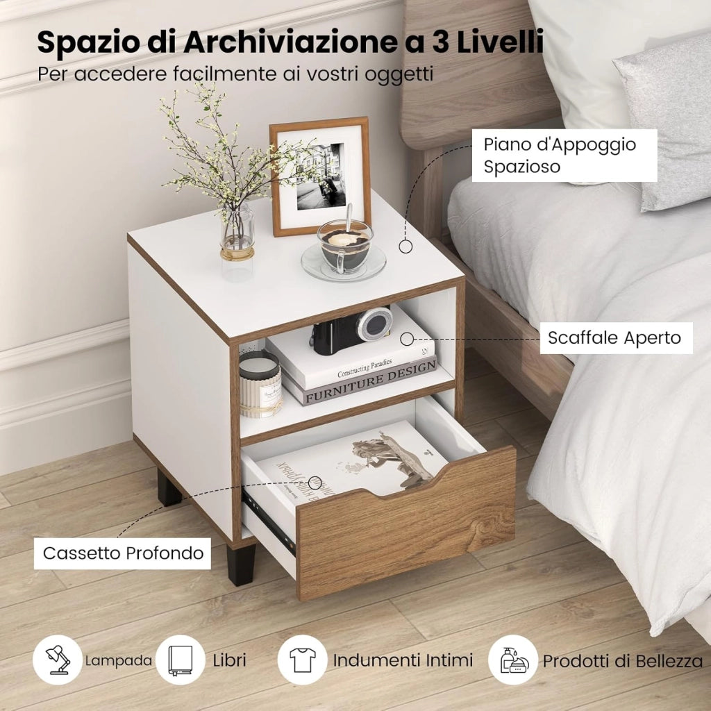 Comodino 37 x 33 x 44 cm, Tavolino da Letto con Cassetto, Scomparto Aperto e Gambe in Metallo, Mobile Laterale per Camera da Letto, Salotto e Soggiorno, Naturale e Bianco (1)