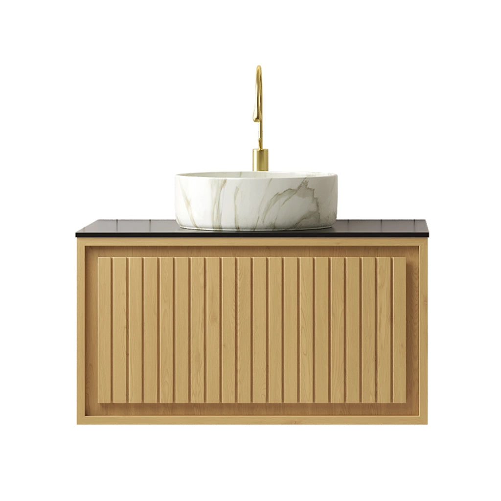 Mobile sottolavabo sospeso con lavabo rotondo in ceramica e cassetto frontale rigato per bagno rovere e nero