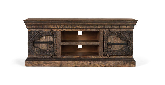 Mobile porta TV in legno massello di mango con due ante e due ripiani