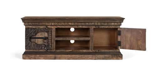 Mobile porta TV in legno massello di mango con due ante e due ripiani