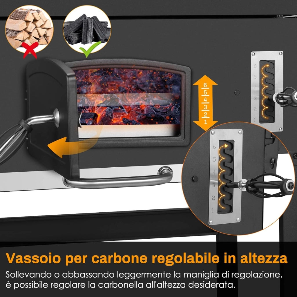 Barbecue a Carbonella XXL, Griglia per Barbecue con Camino e Coperchio, con Termometro e 2PCS Ruotes, Altezza Regolabile, Grande BBQ Smoker per Giardino, Campeggio