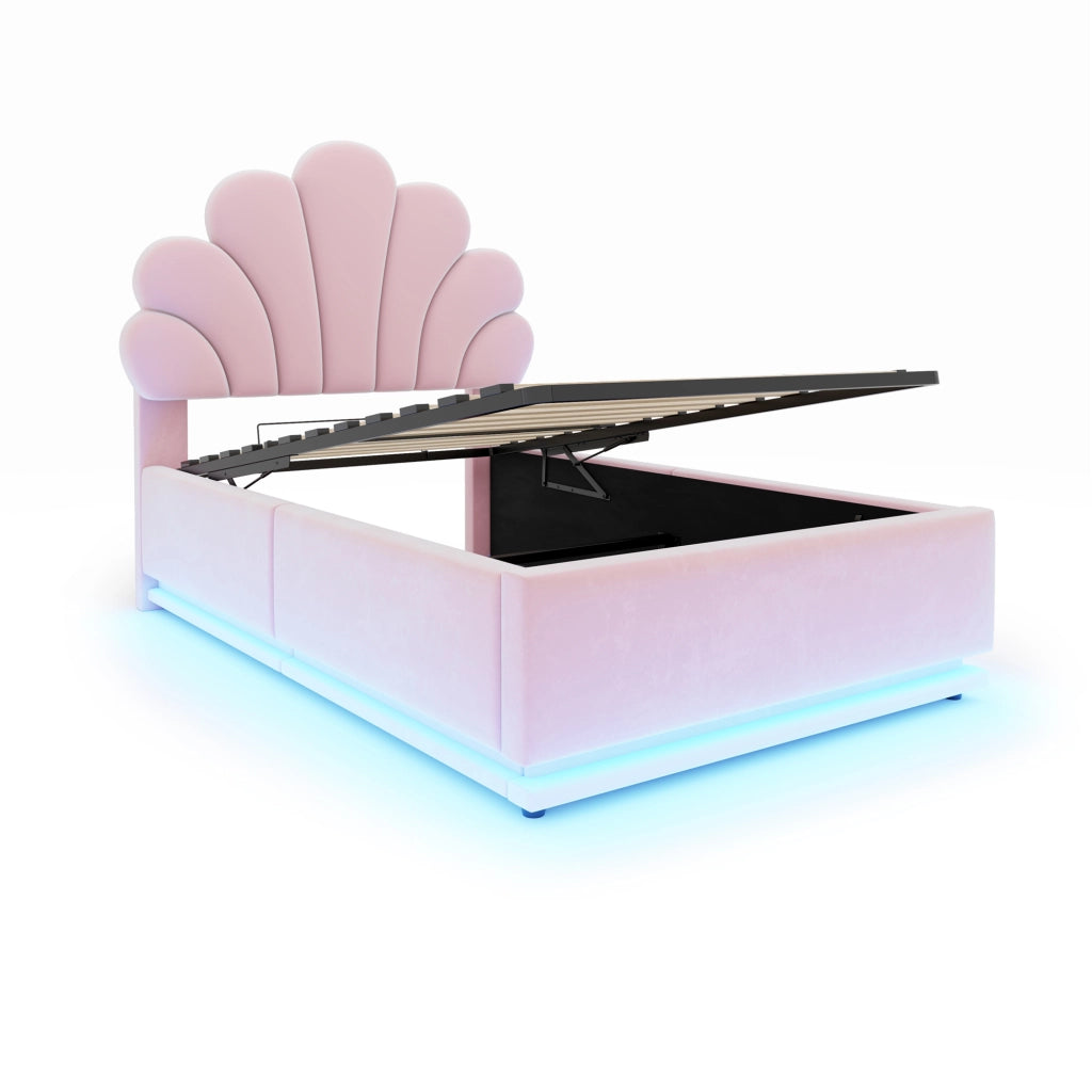 DESMIU Letto singolo 90 × 200 cm con contenitore idraulico, LED e testiera floreale, senza materasso, rosa