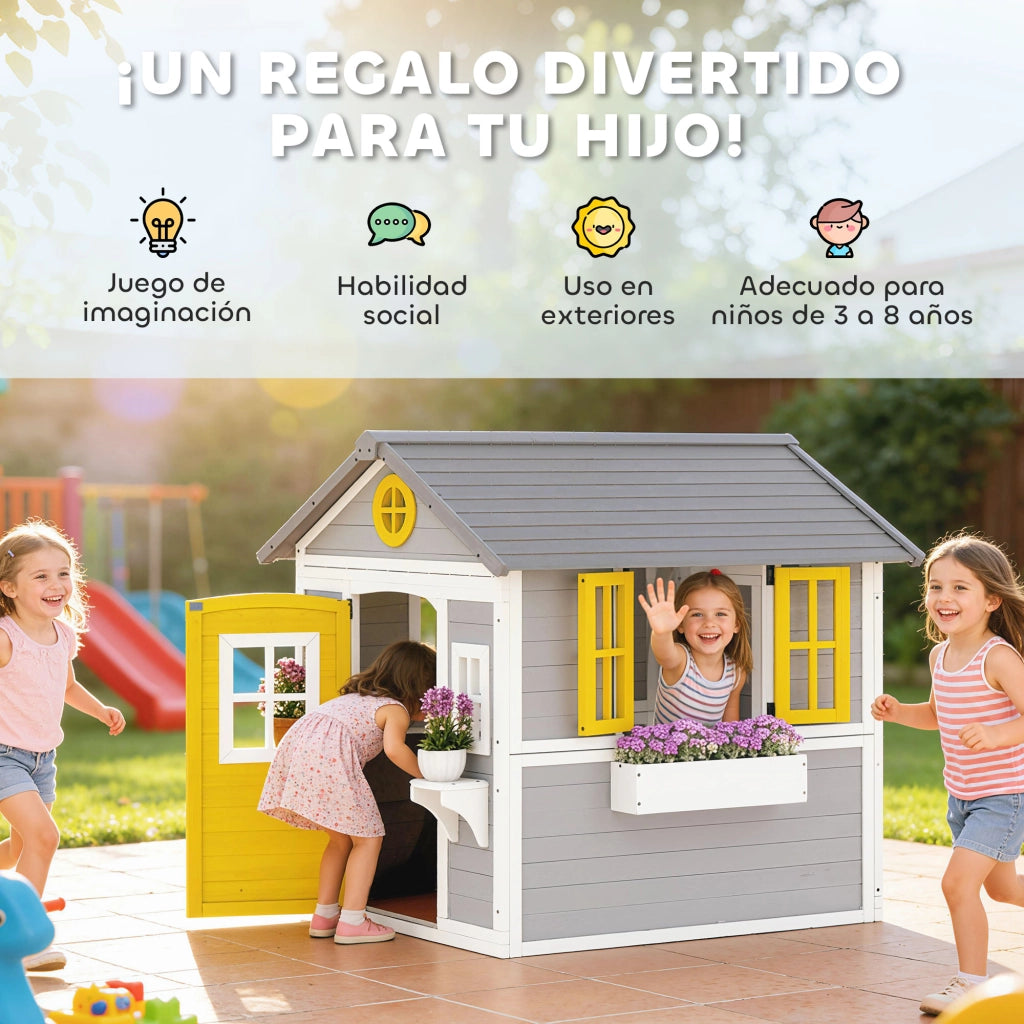 Casetta per Bambini in Legno con Finestra e Fioriere ¨C zephmum ¨C Grigio 120x120x120