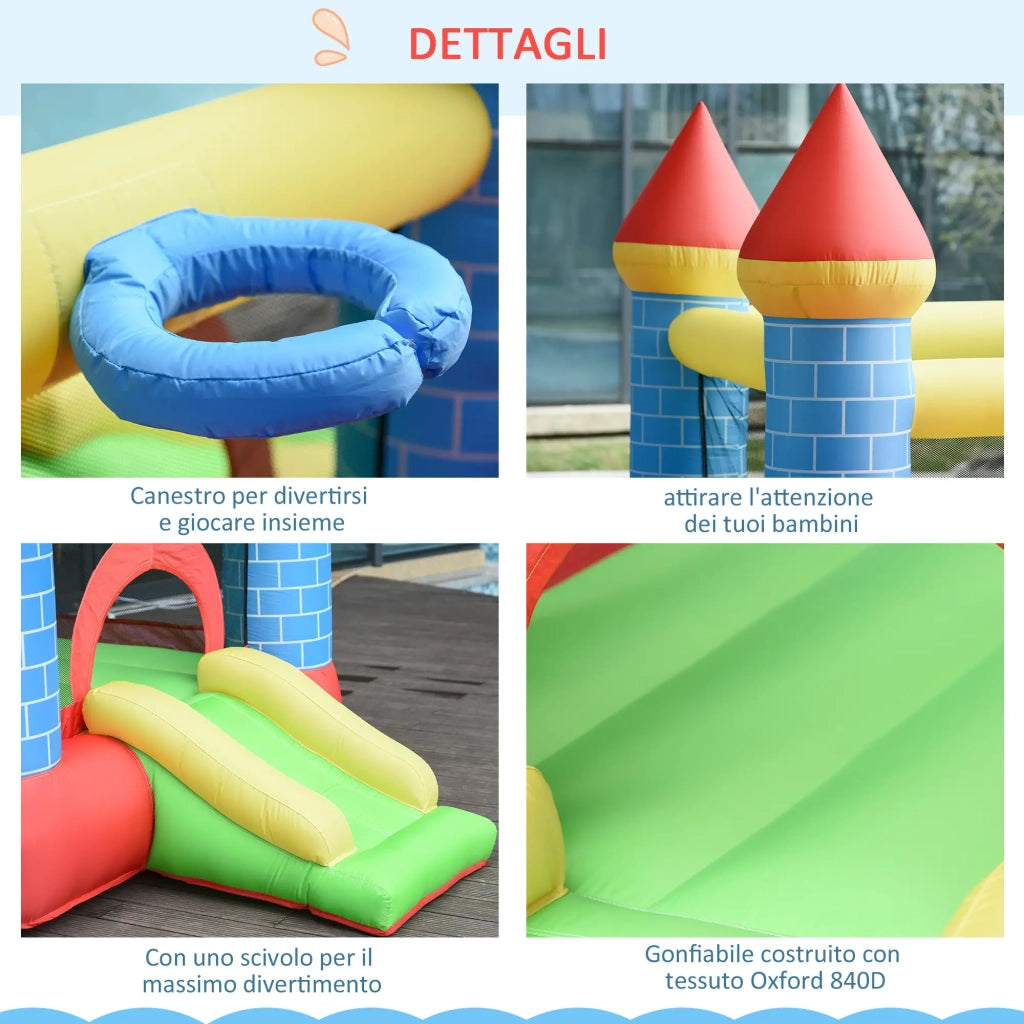 Castello Giostra Gonfiabile 300x275x210 cm con Scivolo Piscina Canestro e Pompa Multicolor