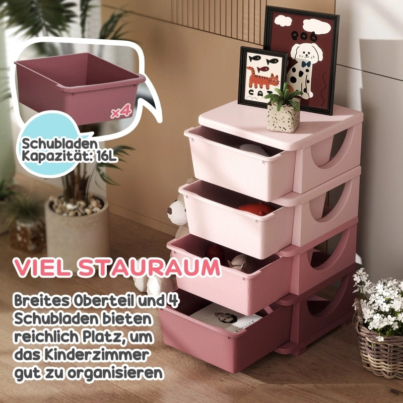 Scatole portaoggetti per bambini, 4 cassetti, bordi arrotondati, design in rilievo, 37x37x76 cm, rosa