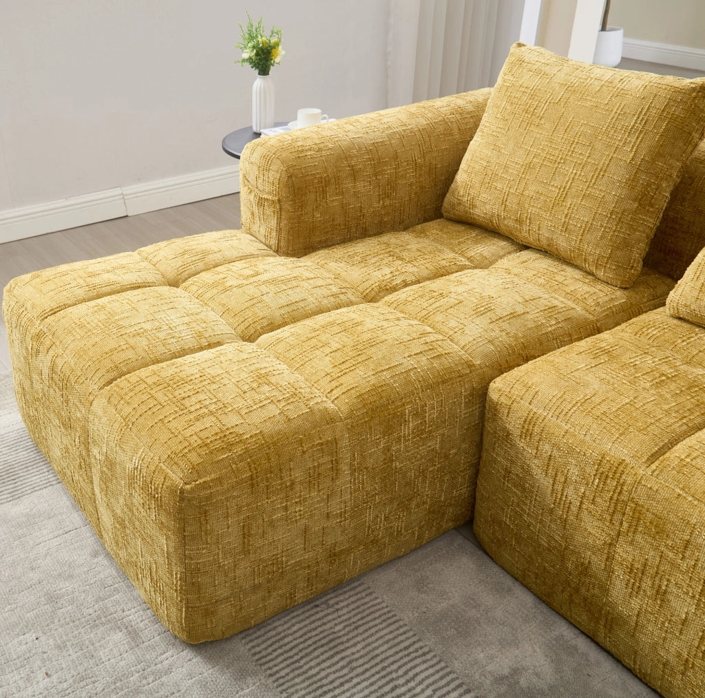 Sofa angolare 250x158x60 cm modulare con tasca laterale in chenille gialla
