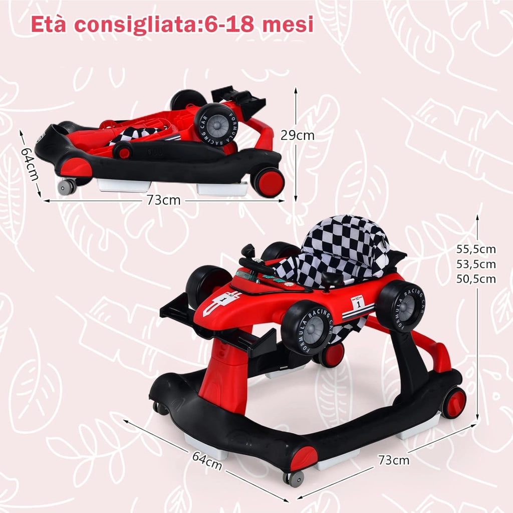Girello per Bambini 4 in 1, Girello Pieghevole con Altezza e Velocità Regolabili, Carillon con Luci, Volante, Primi Passi per Bambini 6-18 Mesi, Portata 12 kg (Rosso)