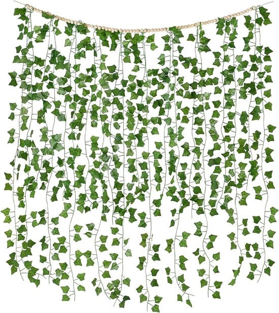 Decorazione di Muro con Finte Foglie di Pianta con Cerniere in Legno e Giro di Edera per Ambiente di Camera da Letto, Salotto e Feste - Verde - Set per Natale e Matrimonio.