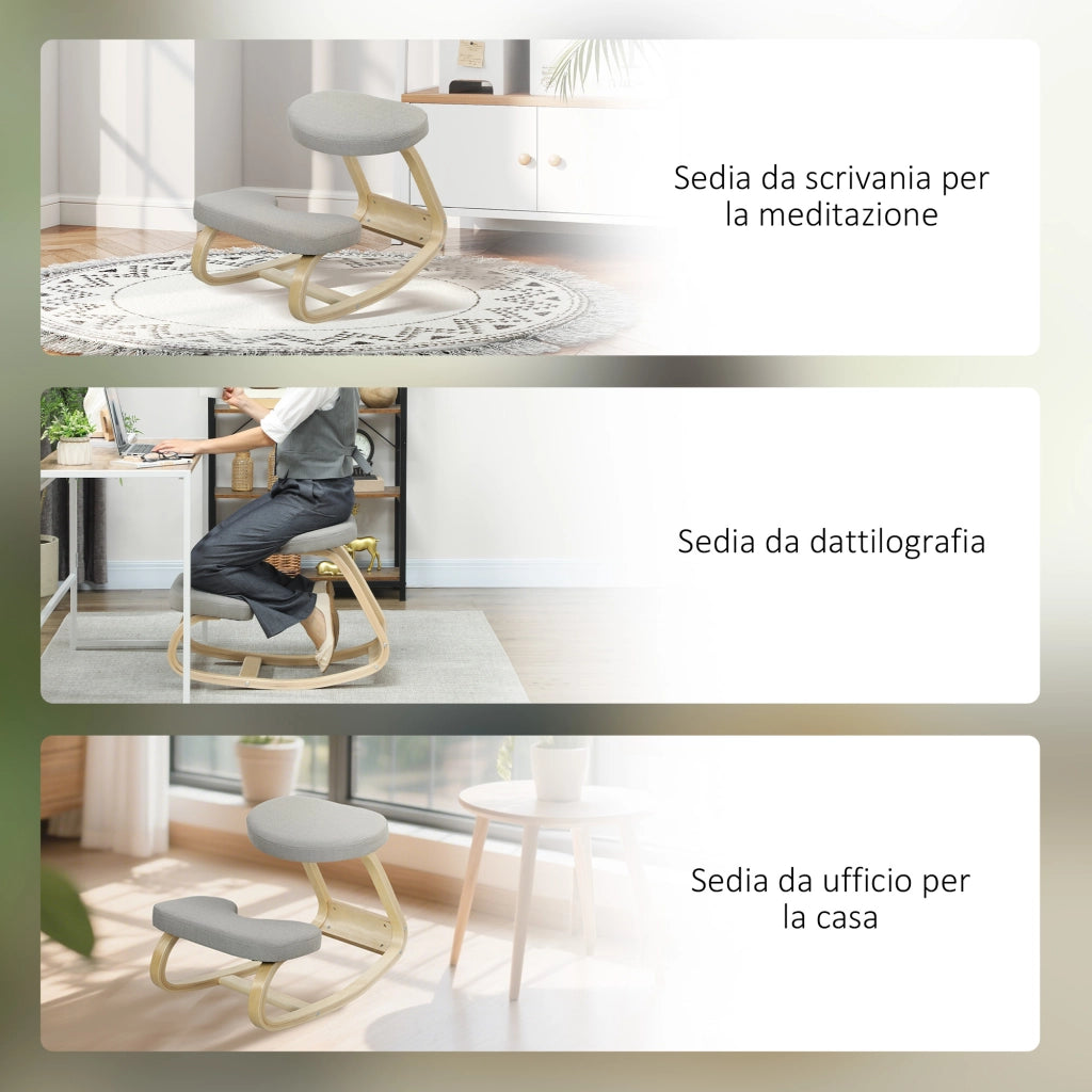 Sedia ergonomica inginocchiatoio con dondolo ¨C Xylo ¨C tessuto grigio, legno betulla, 50x73x55 cm