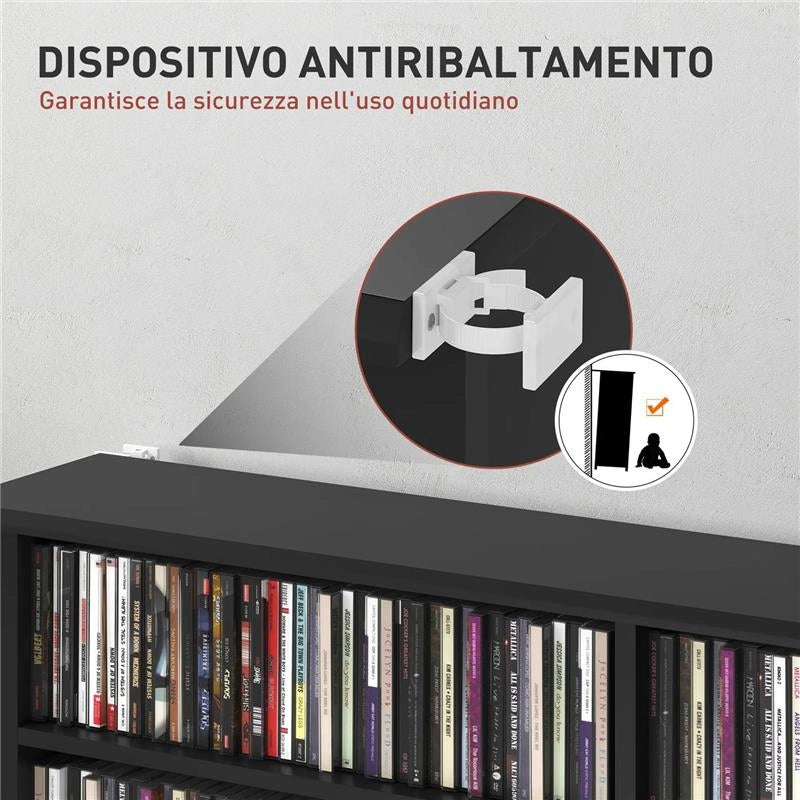 MOBILE LIBRERIA PORTA CD A 16 RIPIANI DAL DESIGN MODERNO IN LEGNO, 106.5X24X123.7 CM, NERO