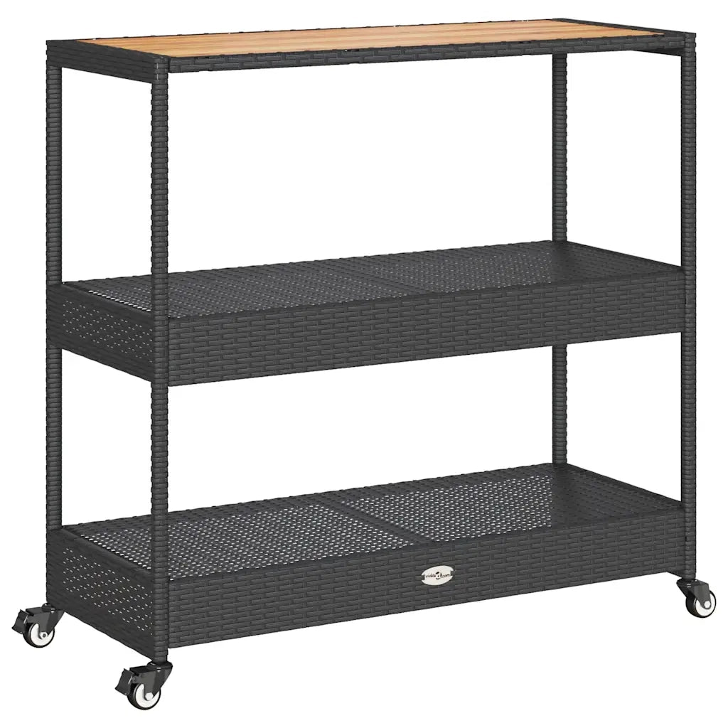 Carrello da Bar 3 Livelli Nero in Polyrattan e Legno Acacia CFW5074030