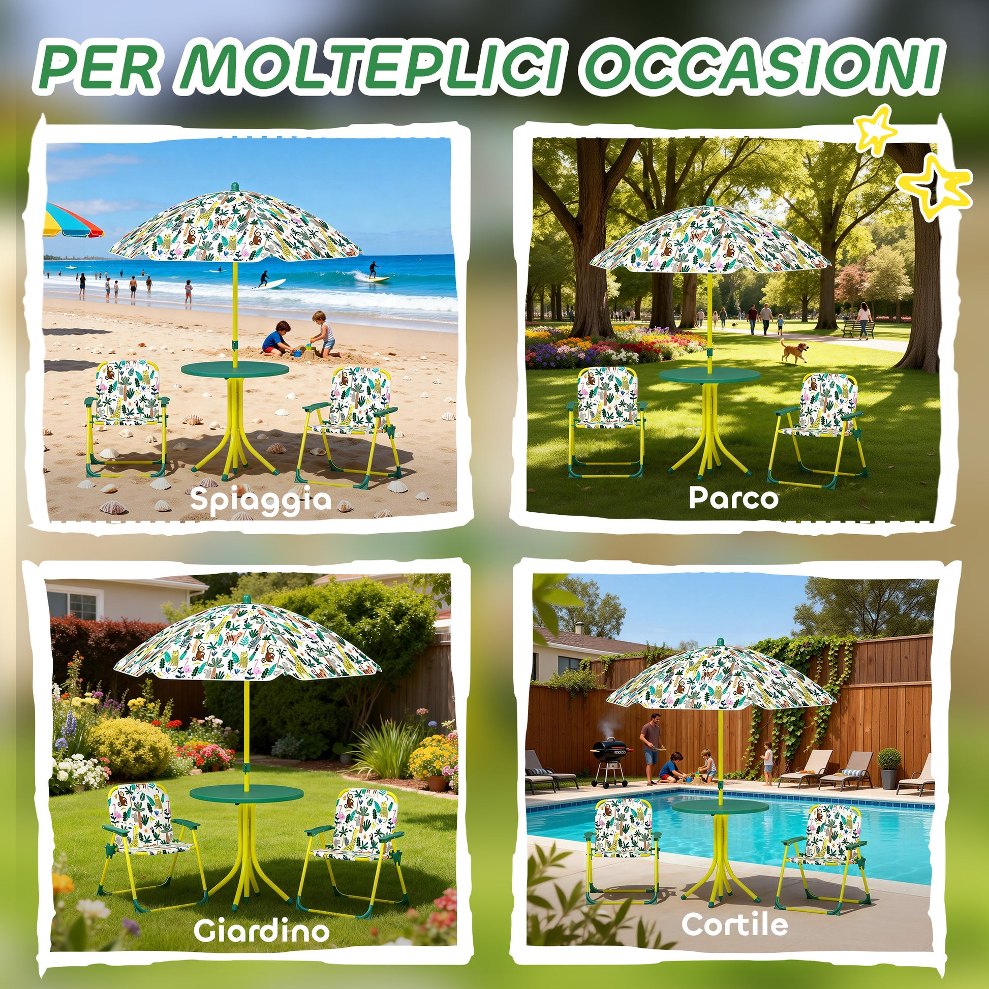 Set Tavolo e Sedie per Bambini con Ombrellone per Esterno in Acciaio Verde