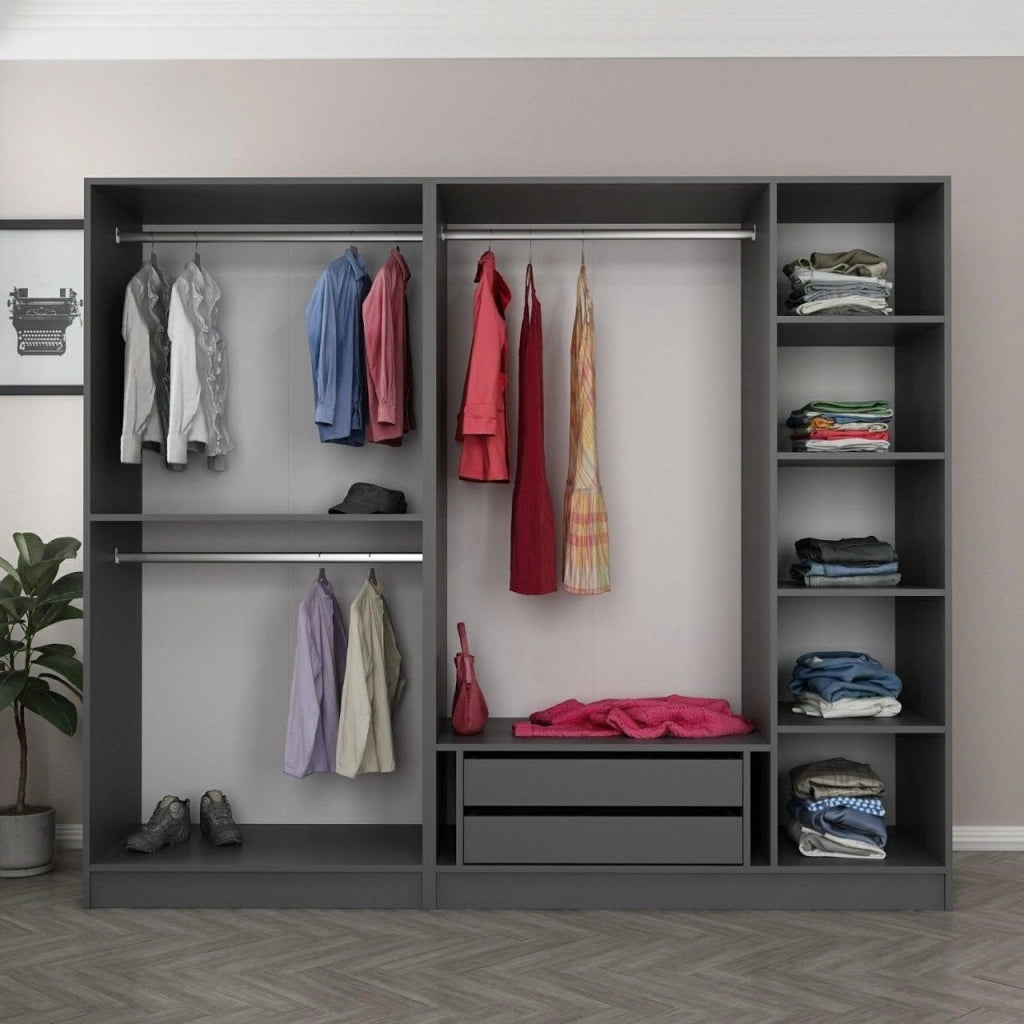 Armadio Camera da Letto Sinibalda, Guardaroba Grande Appendiabiti, 225x210h cm Nero Antracite