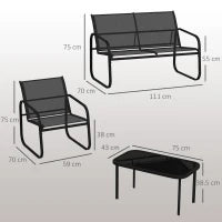 Set da Giardino con 2 Divani 2 Posti, 2 Poltrone e un Tavolino da Caffè con Piano in Vetro, Nero