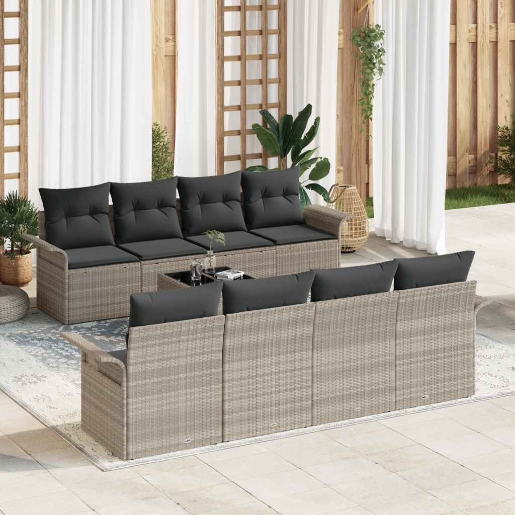 Set di Divani da Giardino 9 Pezzi con Cuscini Grigio Chiaro Polyrattan