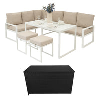 Set Mobili da Giardino Bianco in Alluminio con Cassapanca Rattan Nera 582L Divano Angolare
