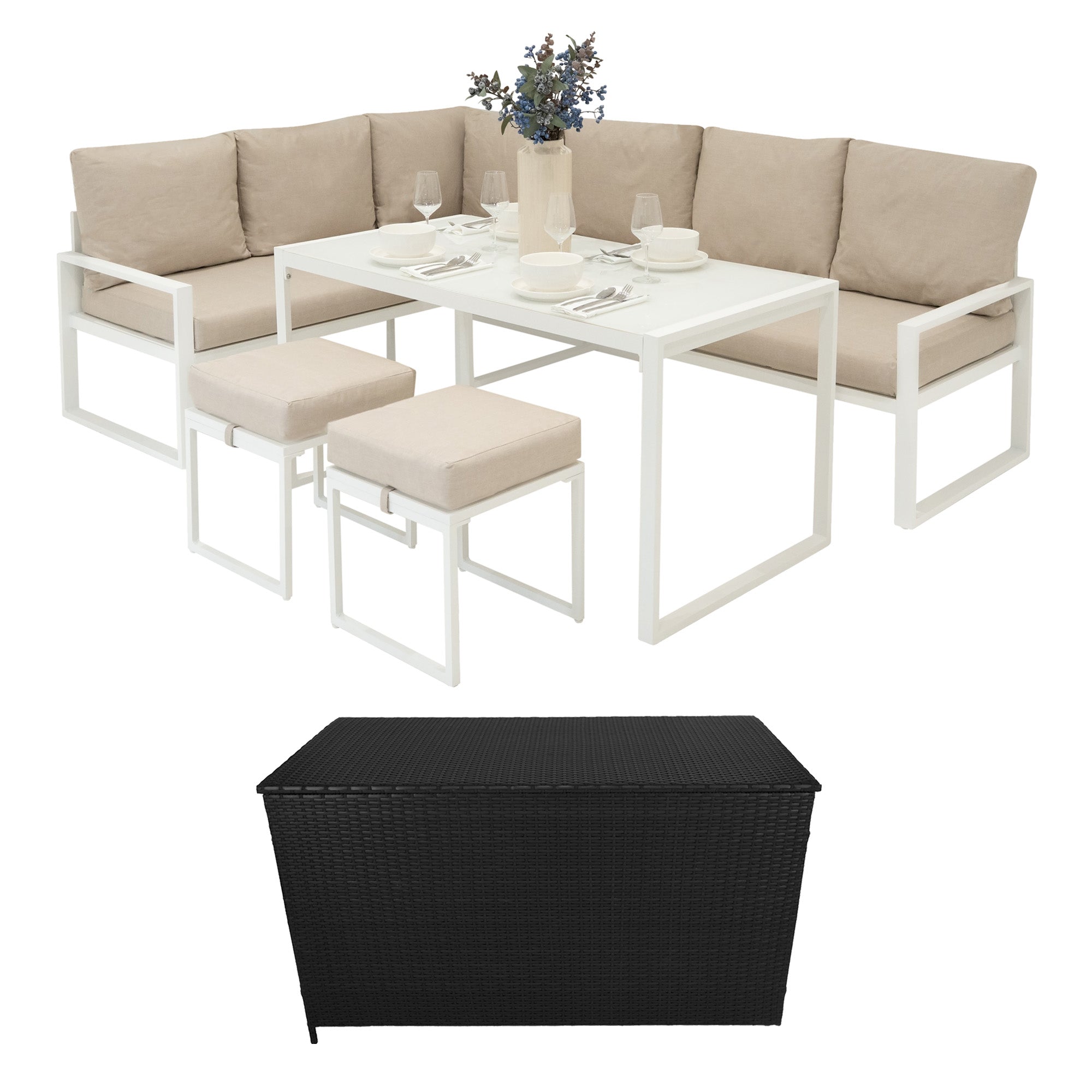 Set Mobili da Giardino Bianco in Alluminio con Cassapanca Rattan Nera 582L Divano Angolare