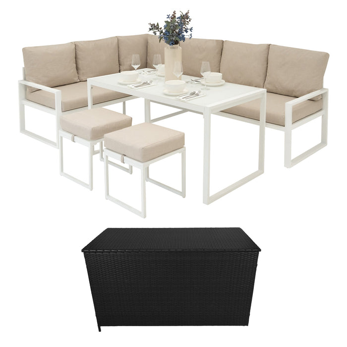 Set Mobili da Giardino Bianco in Alluminio con Cassapanca Rattan Nera 582L Divano Angolare