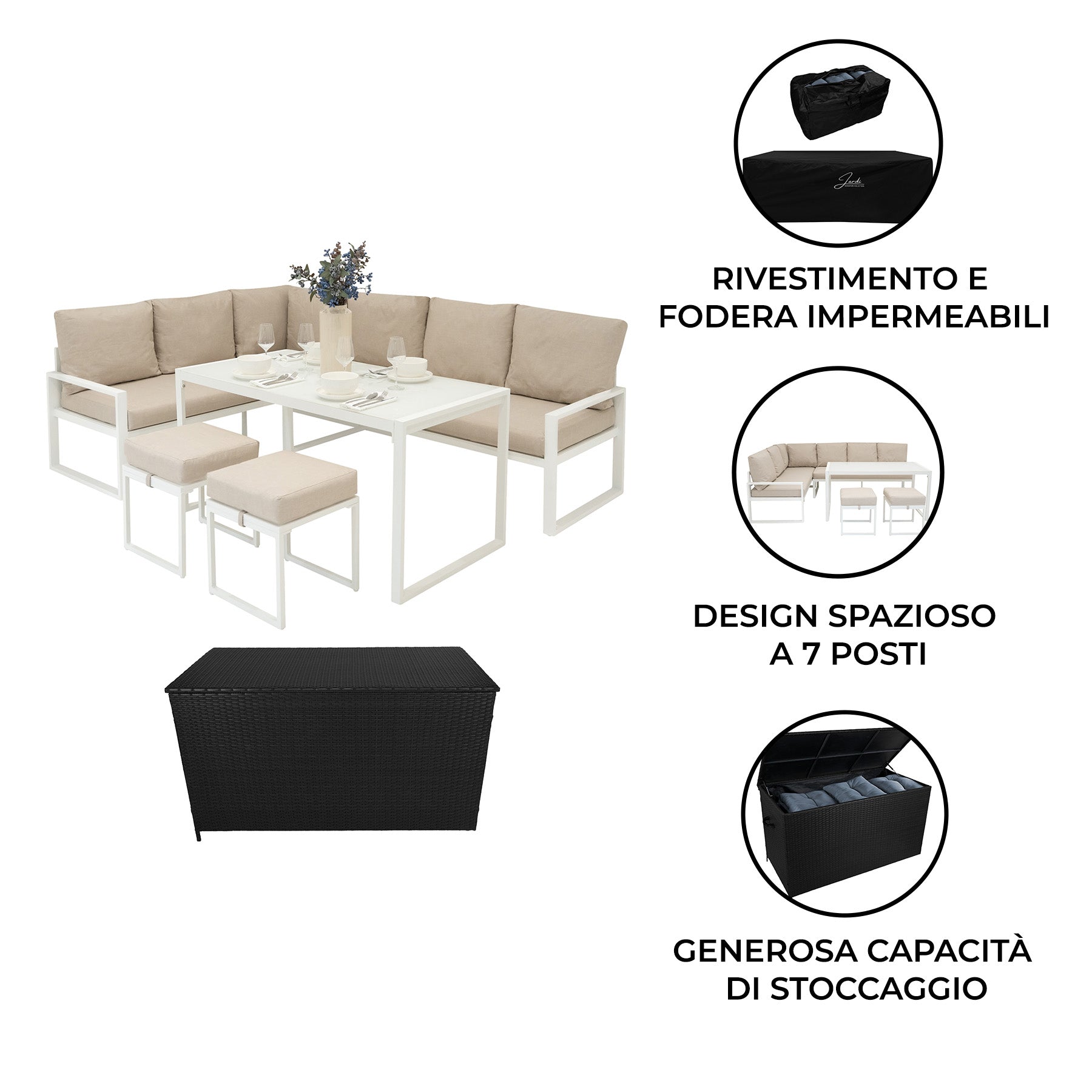 Set Mobili da Giardino Bianco in Alluminio con Cassapanca Rattan Nera 582L Divano Angolare