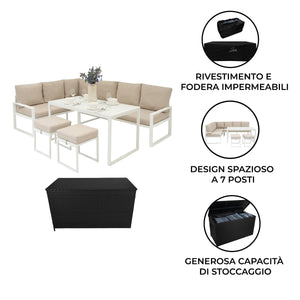 Set Mobili da Giardino Bianco in Alluminio con Cassapanca Rattan Nera 582L Divano Angolare
