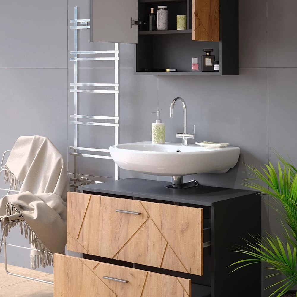 Set mobili bagno Irma, Quercia dorata/antracite, 80 cm, composto da specchio da bagno e mobile sottolavabo