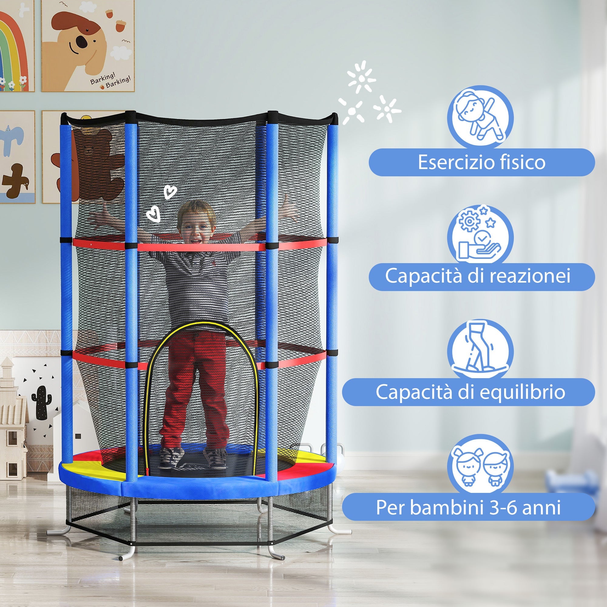 Tappeto Elastico per Bambini 3-6 Anni Ø140x190 cm con Rete di Protezione Multicolore
