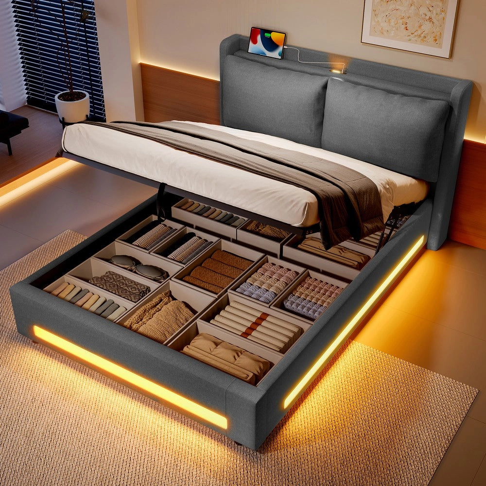 Letto Contenitore Imbottito con LED, USB-C e Cuscino ¨C MINIMAL ¨C Grigio Scuro 160x200