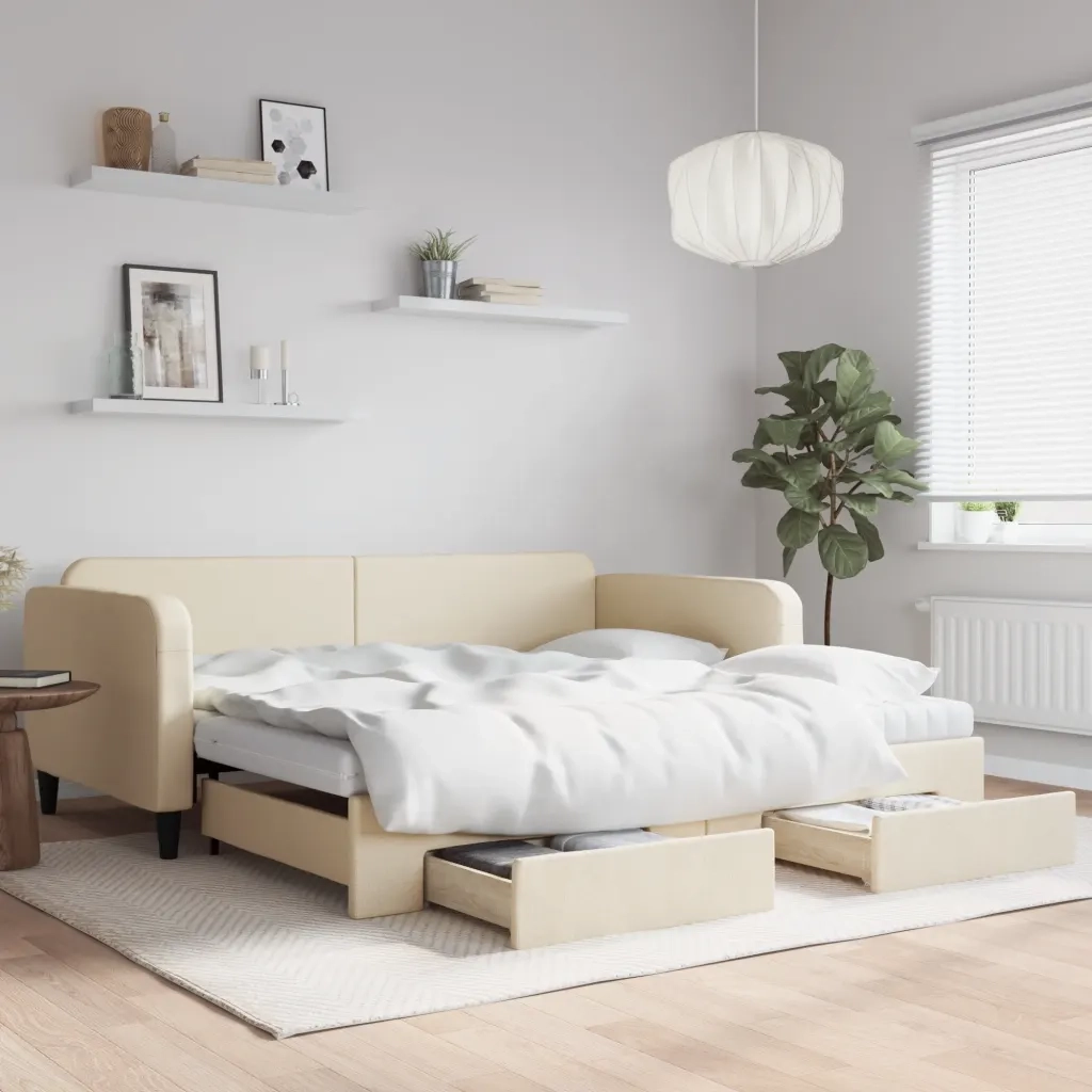Divano Letto Estraibile con Cassetti Crema 100x200cm in Tessuto 3196879