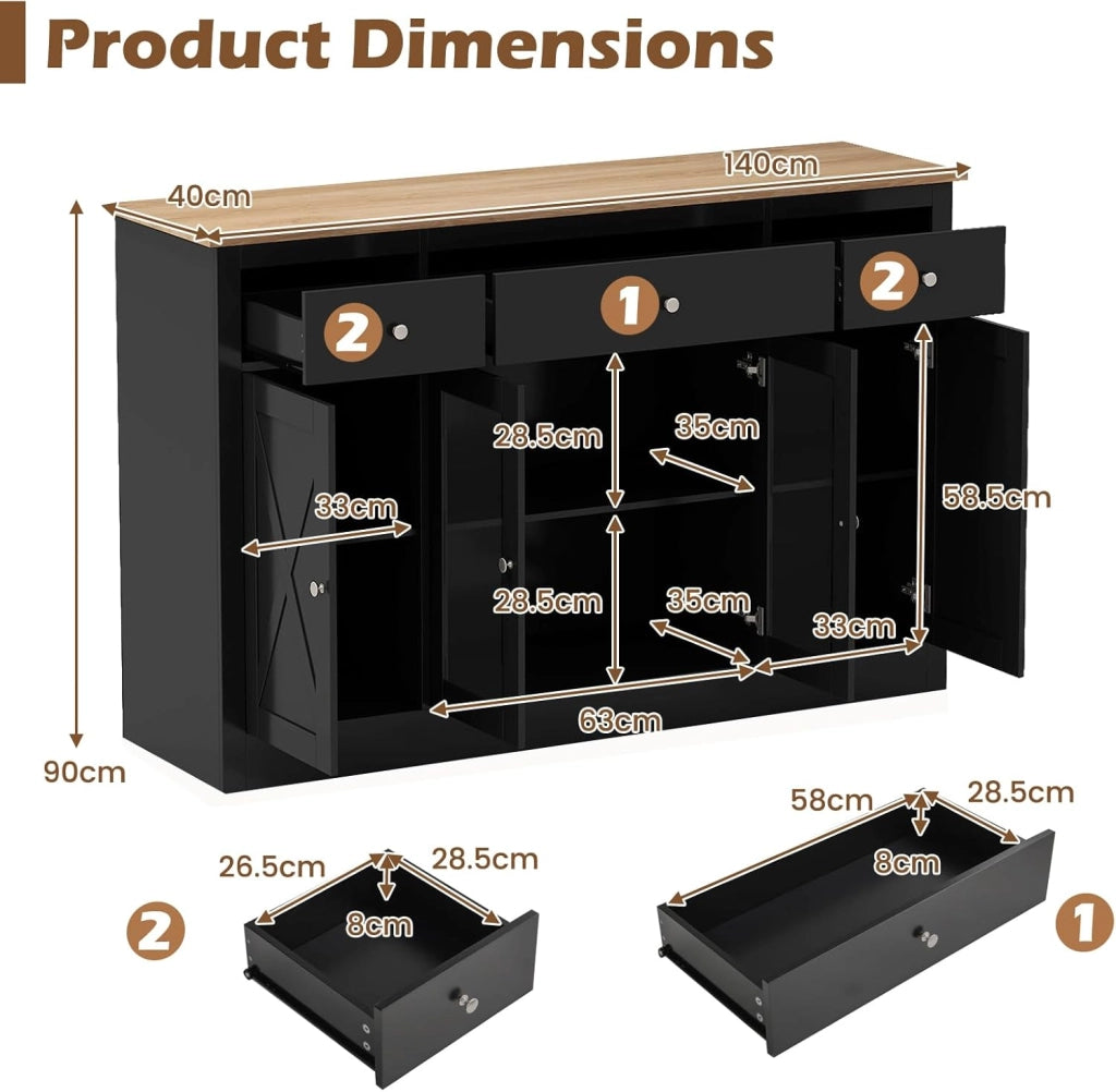 Mobile Buffet Basso, Credenza Moderna da Cucina con 3 Cassetti, 3 Armadi con Ante, Mobiletto Multiuso con Ripiani Regolabili per Soggiorno, Sala da Pranzo, 140x40x90cm (In 2 Pacchi) (Nero)