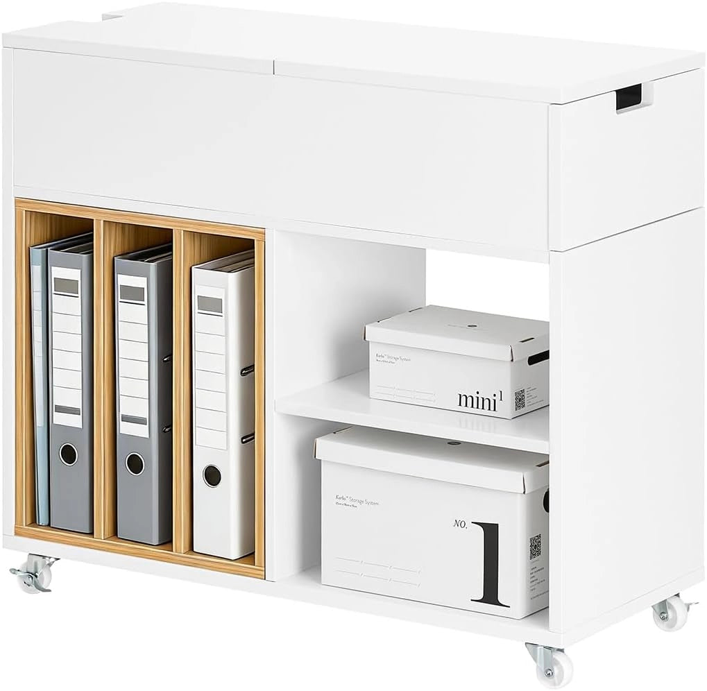 Carrello Ufficio con Ruote – Cassettiera Mobile e Supporto Stampante, Mobile da Ufficio con Piano Ribaltabile, Cassetto e Libreria Rimovibile, Bianco, L30 x P61 x H70 cm, FBT134-W
