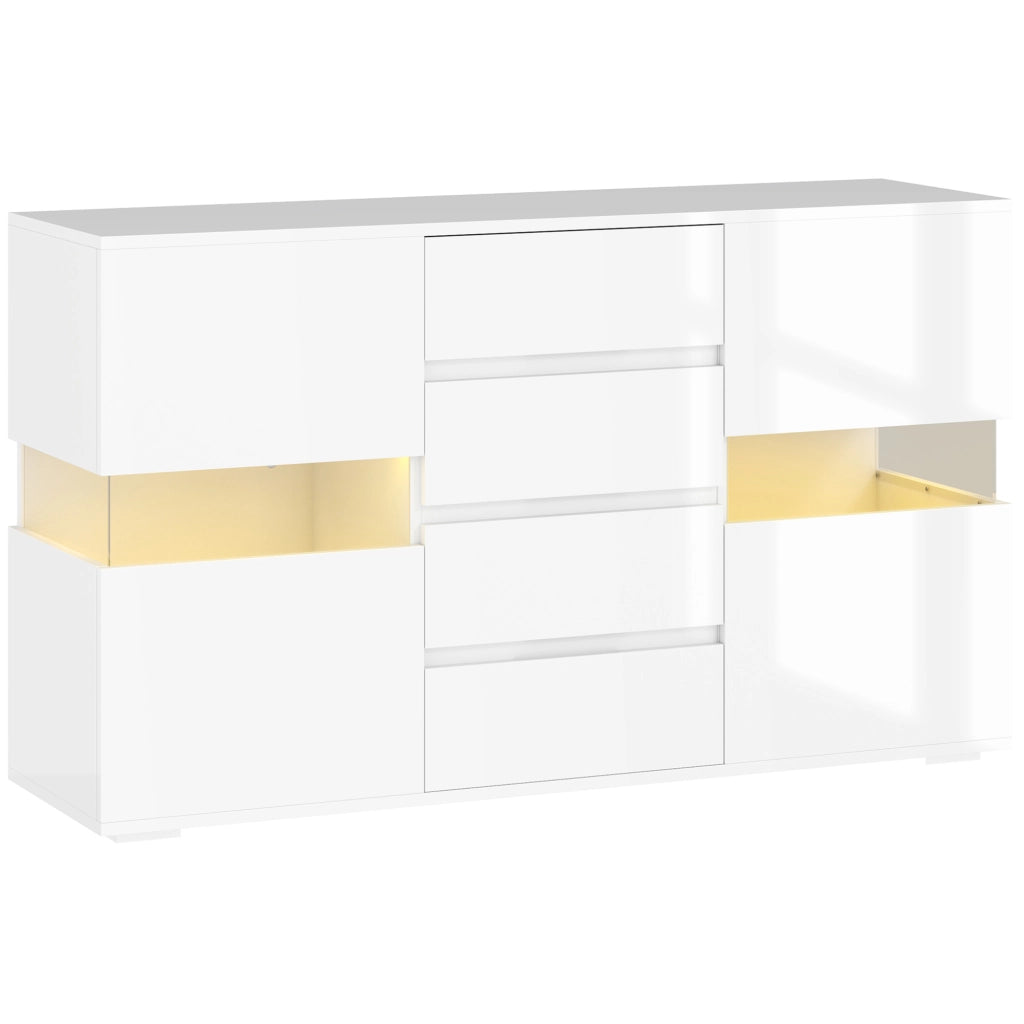 Credenza Moderna con LED Regolabile con Telecomando, 4 Cassetti e 2 Armadietti, 120x34x70 cm, Bianco