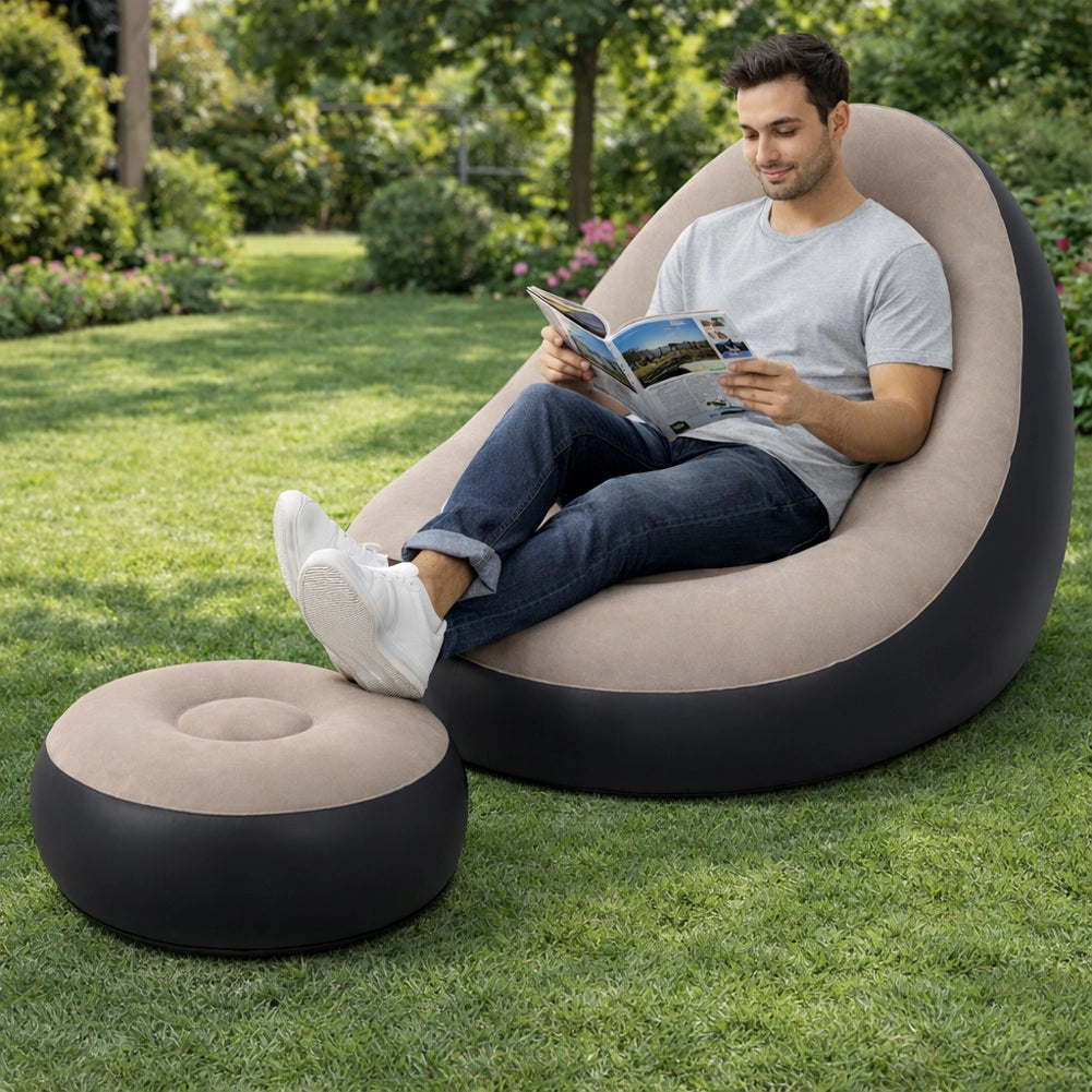 Set Poltrona e Poggiapiedi Gonfiabile Ergonomico Grigio da Esterno ed Interno