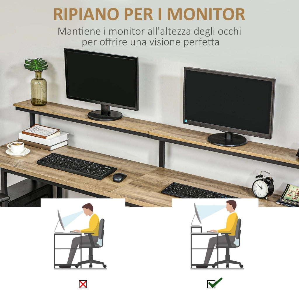 Scrivania doppia con libreria in metallo e legno ¨C Xylo ¨C nero marrone 200x53x100cm