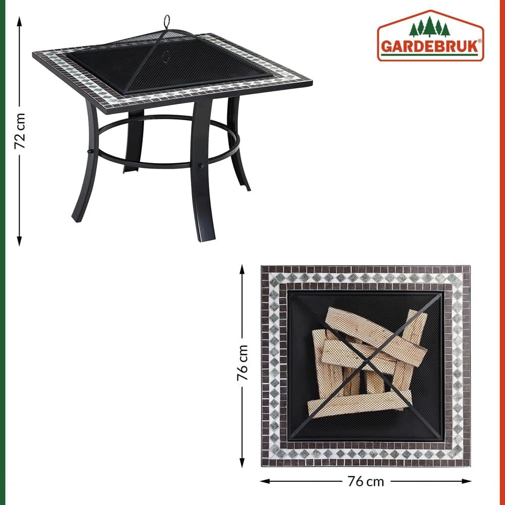 ® Braciere Quadrato da Esterno Mosaico in Acciaio 76x76cm Parascintille Camino da Giardino Stufa Caminetto Patio