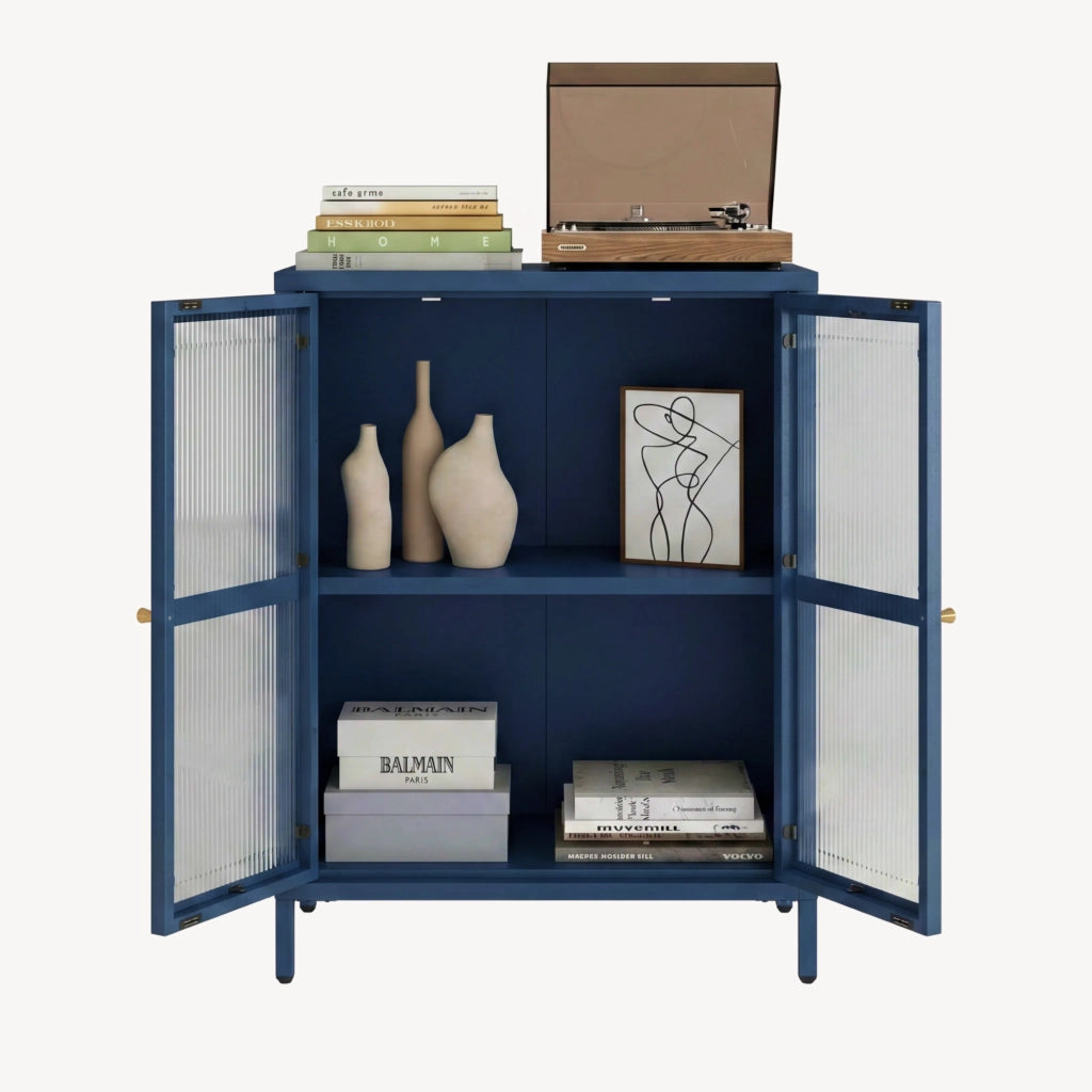 Credenza Säkylä Comò con Ante in Vetro Scanalato 84x64x35 cm Blu Marino [en.casa]